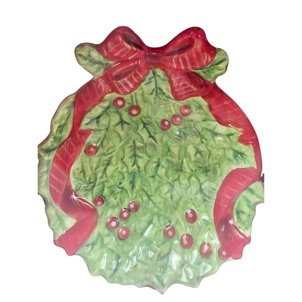 Sonoma Life Style Christmas Ceramic Candy Dish Set Holly Wreath & Bells 2pc